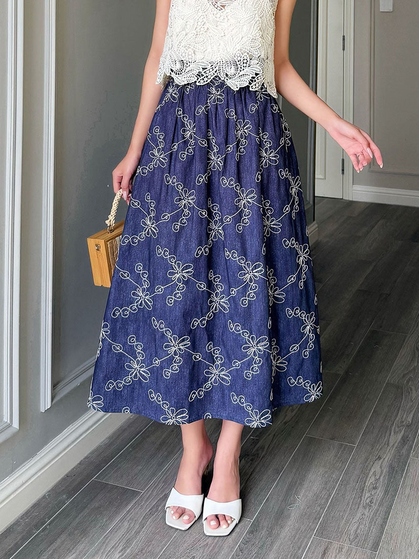 Floral Embroidered Denim Look Skirt