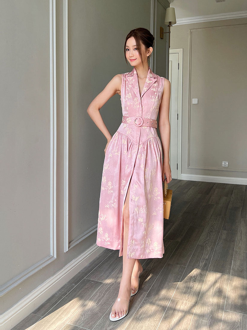 Belted Silky Floral Embossed Button Up Sleeveless Dress - Pink