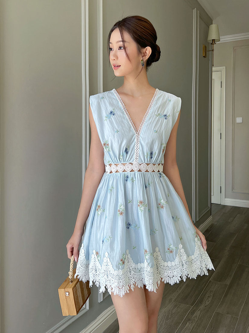 Floral Embroidered Lace Trim Sleeveless Dress