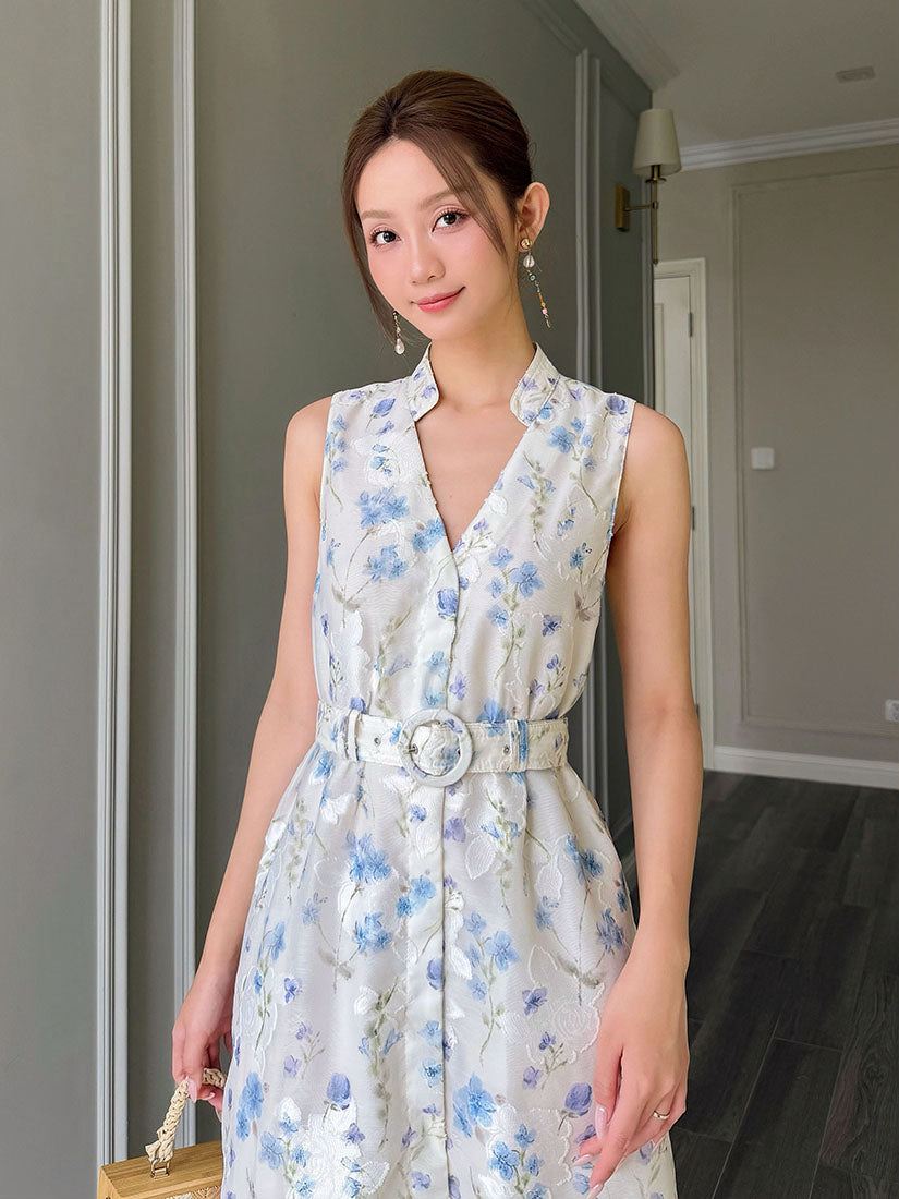 Belted Floral Jacquard Band Collar V Neck Midi Dress - Purple Blue