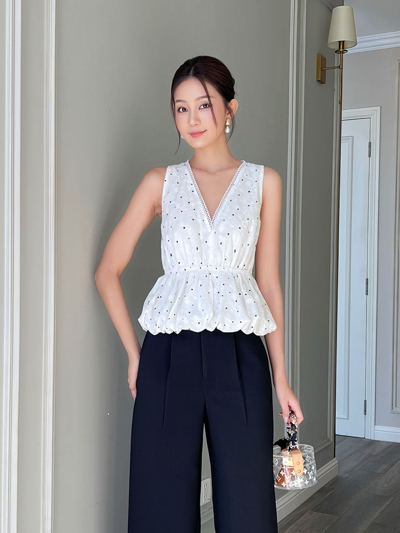 Embroidered Polka Dot Printed Vest Top