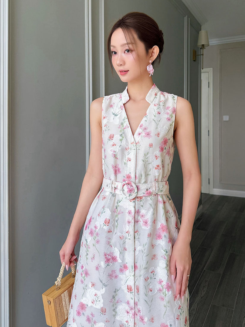 Belted Floral Jacquard Band Collar V Neck Midi Dress - Pink
