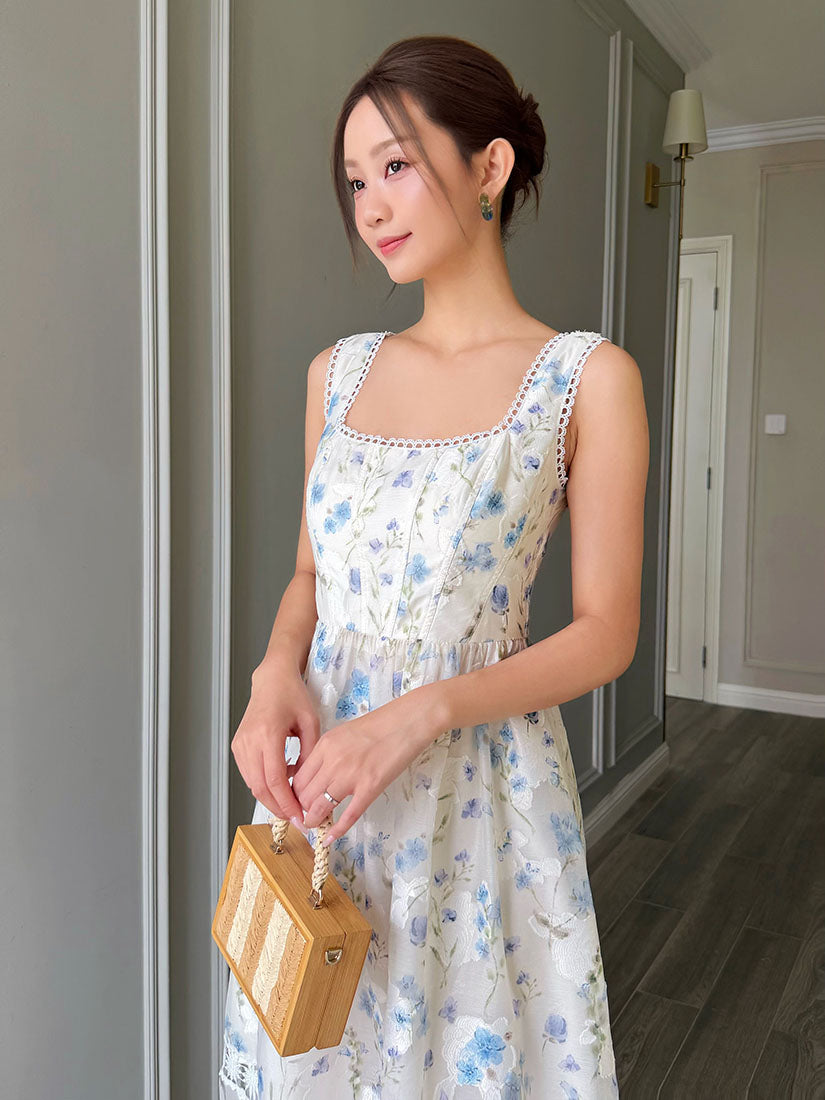 Lace Trim Square Neck Sleeveless Floral Jacquard Strap Dress