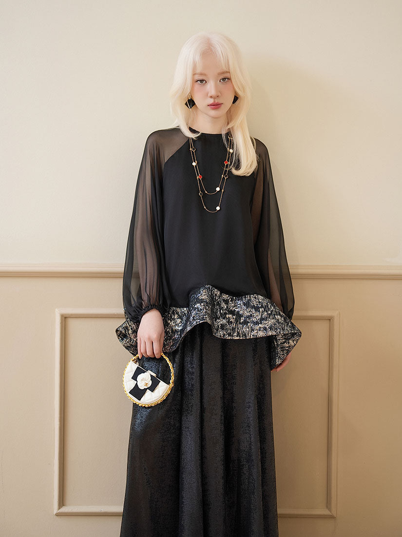 See-Though Sleeve Sparking Ruffle Hem Top
