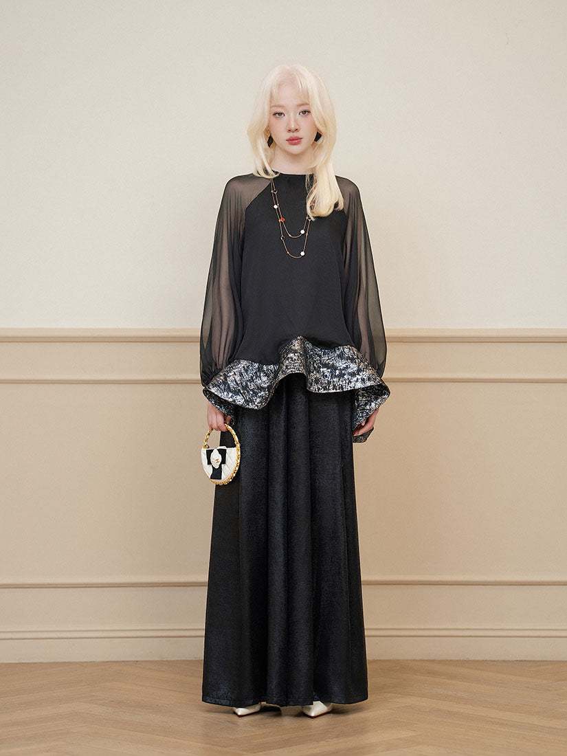 See-Though Sleeve Sparking Ruffle Hem Top