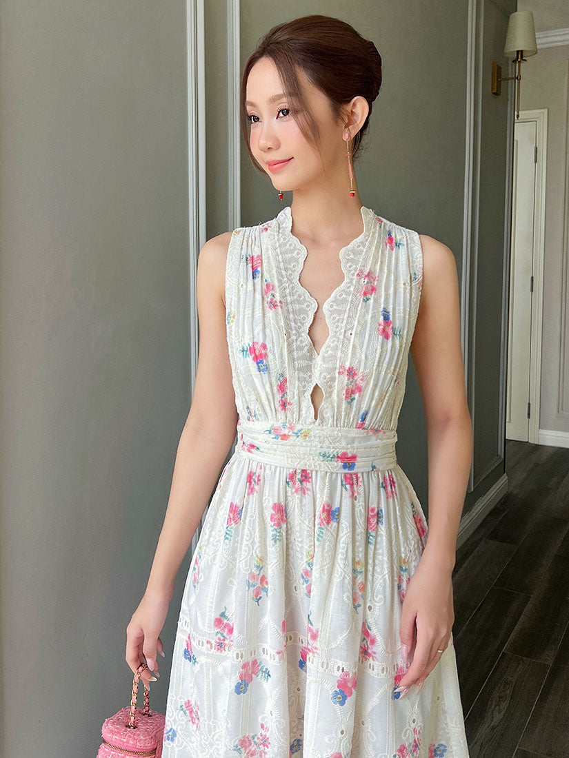 Floral Perforated Deep V Neck Maxi Dress