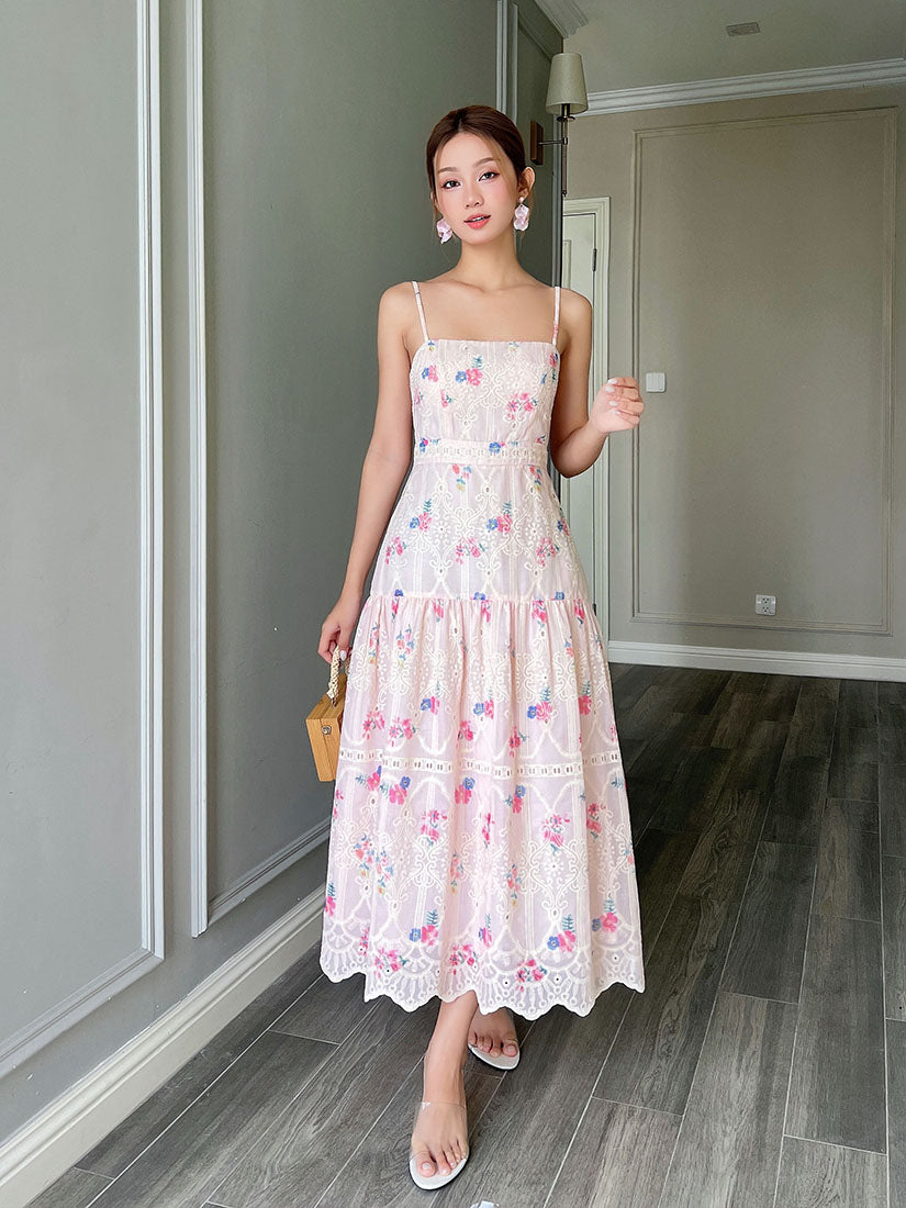 Floral Perforated Spaghetti Strap Dress - Pink