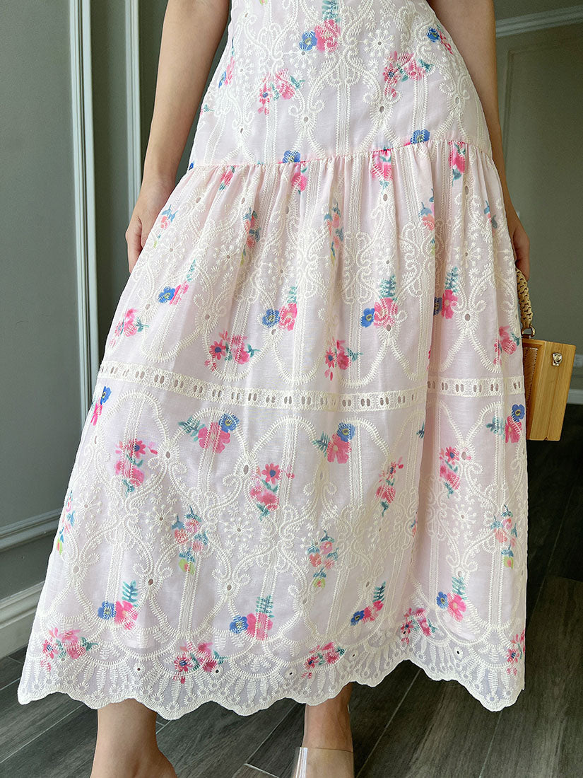 Floral Perforated Spaghetti Strap Dress - Pink