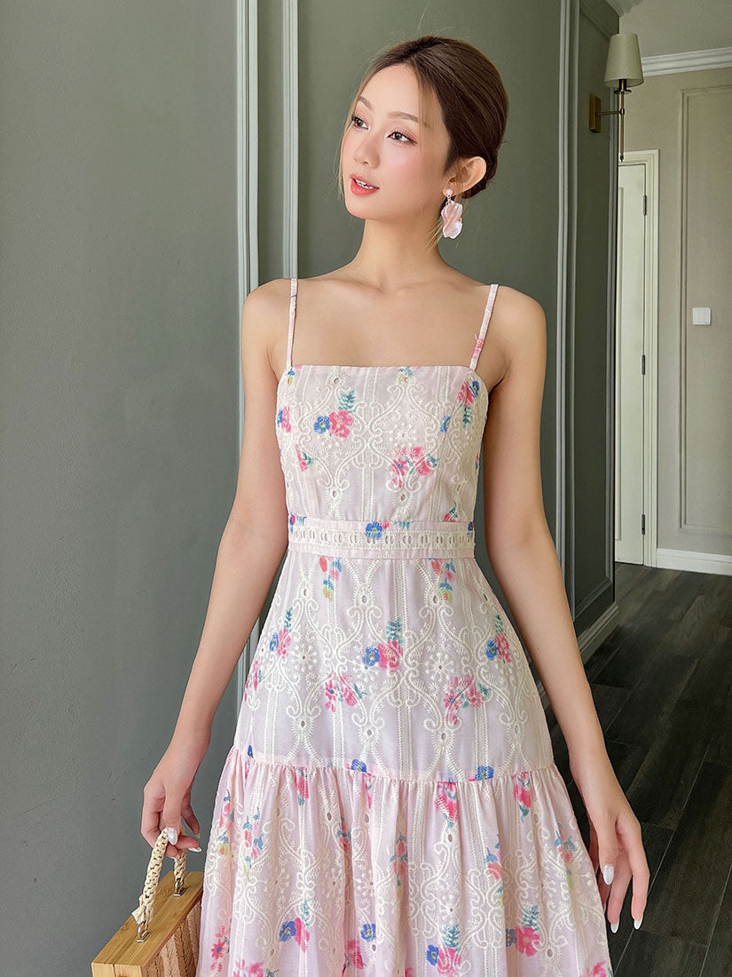 Floral Perforated Spaghetti Strap Dress - Pink