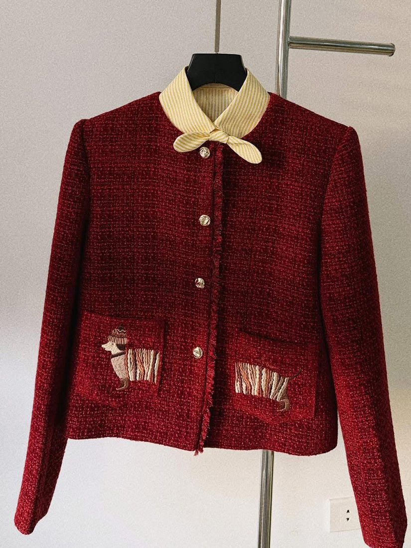 Dachshund Embroidered Tweed Jacket With Shirt Collar