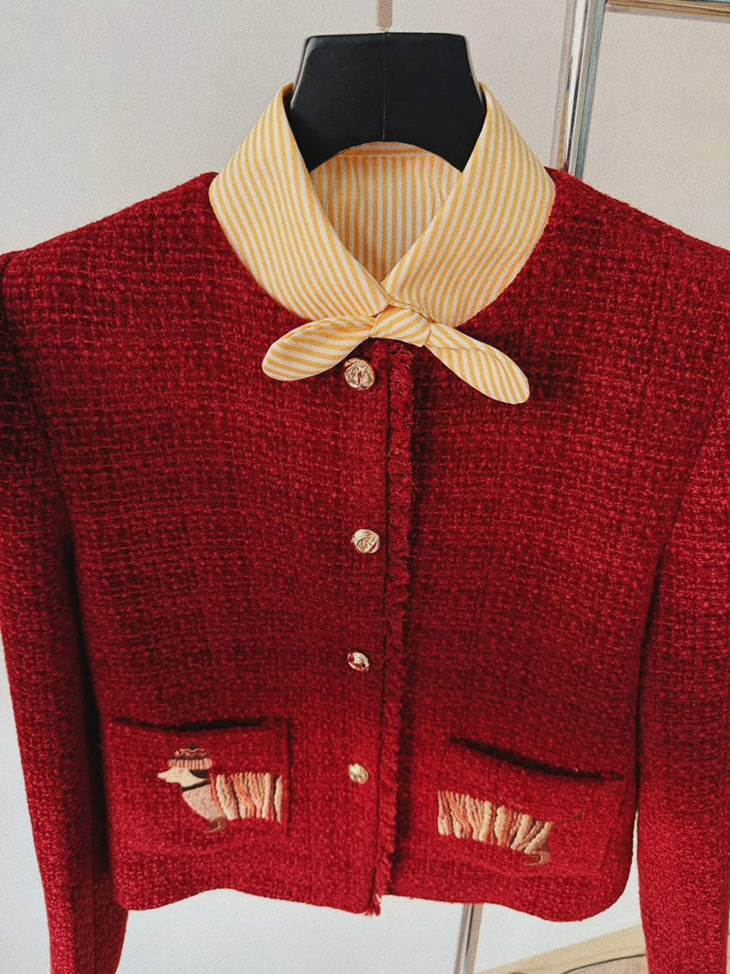 Dachshund Embroidered Tweed Jacket With Shirt Collar