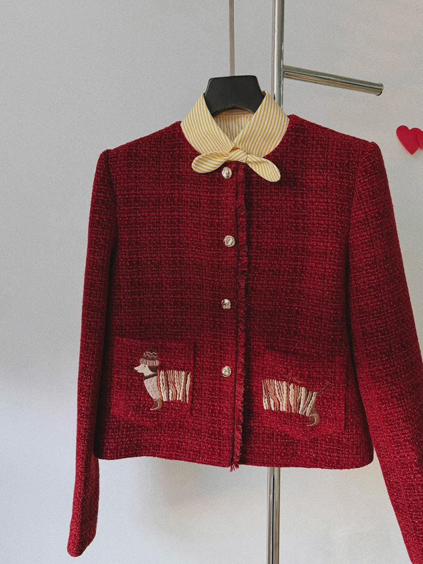 Dachshund Embroidered Tweed Jacket With Shirt Collar
