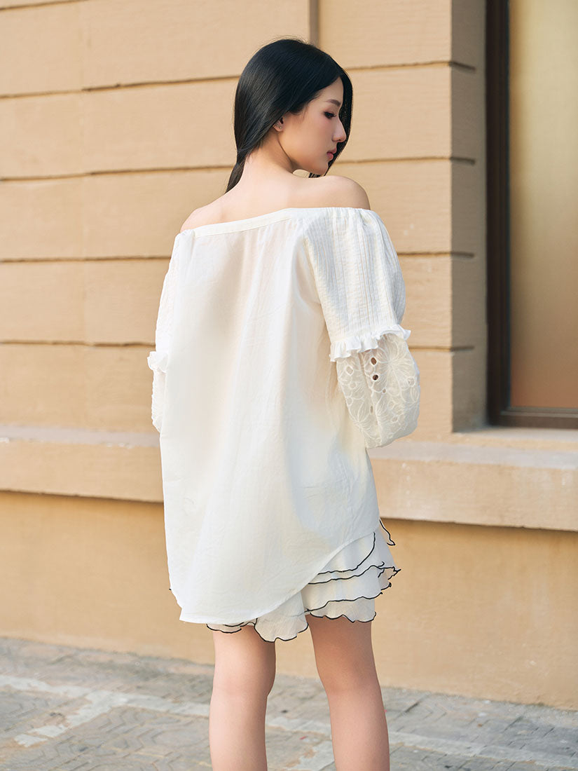 Drawstring Off Shoulder Floral Embroidered Blouse
