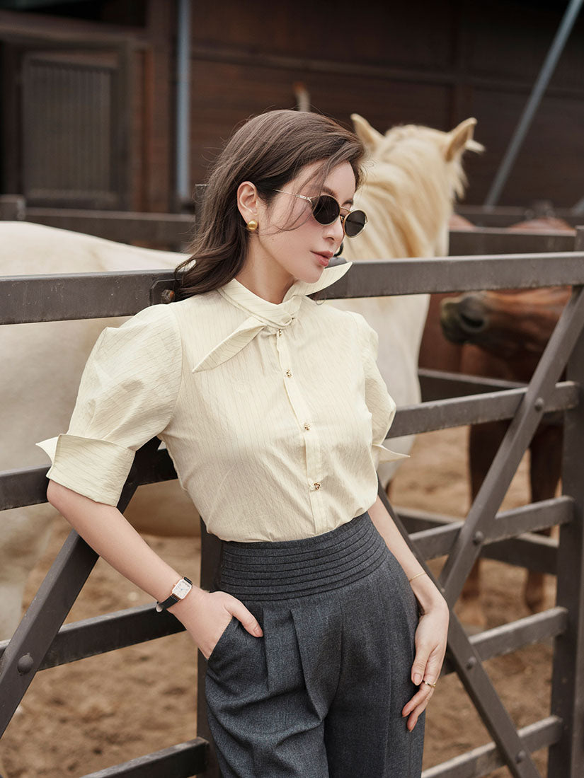 Tie Neck Fold Cuff Striped Shirt