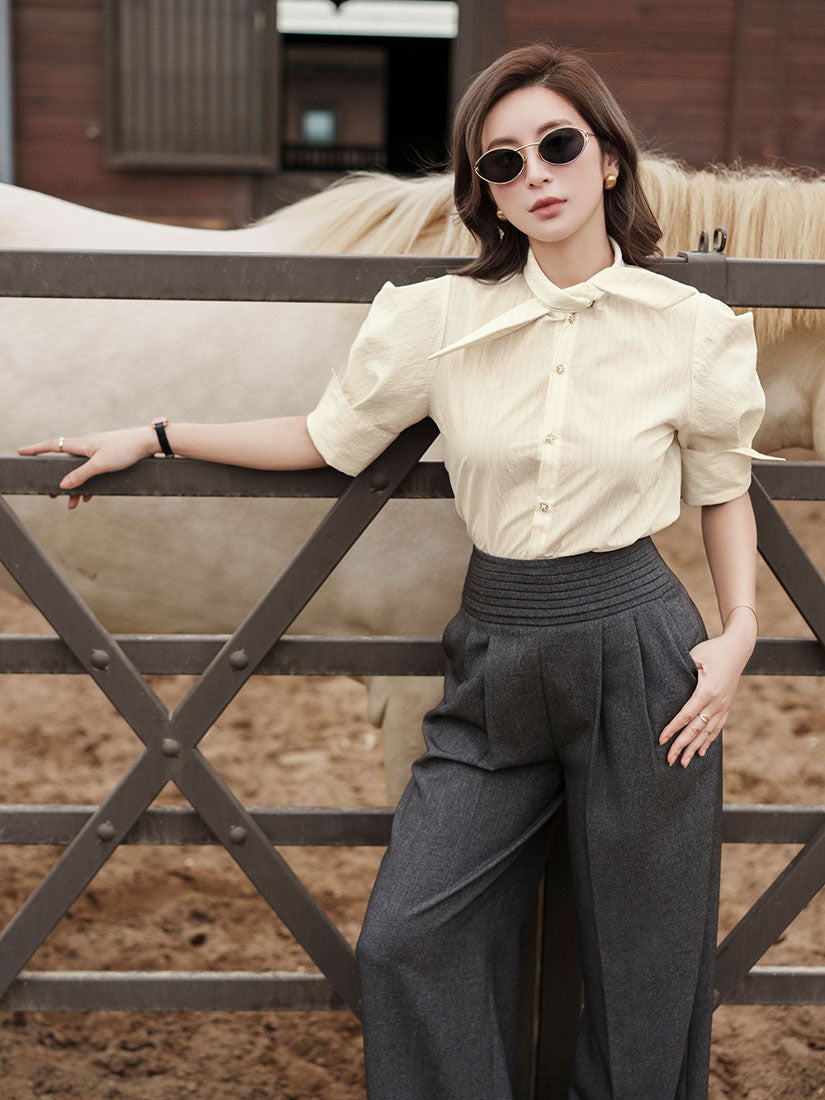 Tie Neck Fold Cuff Striped Shirt