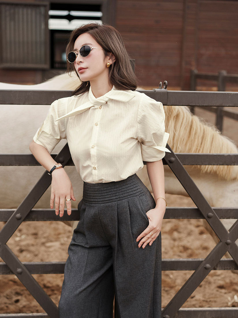 Tie Neck Fold Cuff Striped Shirt