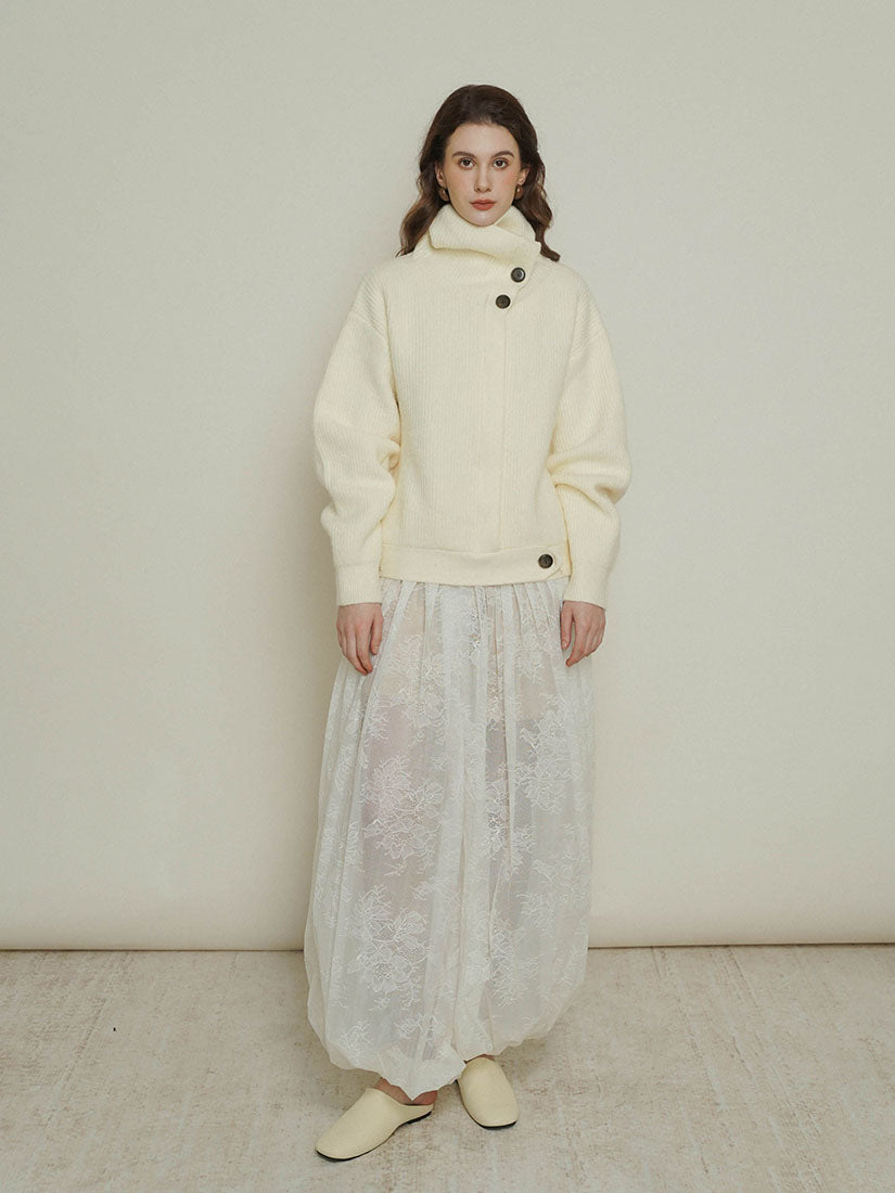 White Side-Button High Neck Knitwear