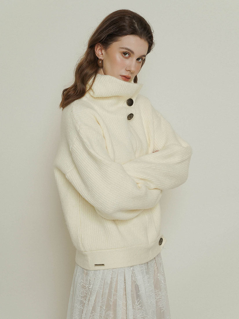 White Side-Button High Neck Knitwear
