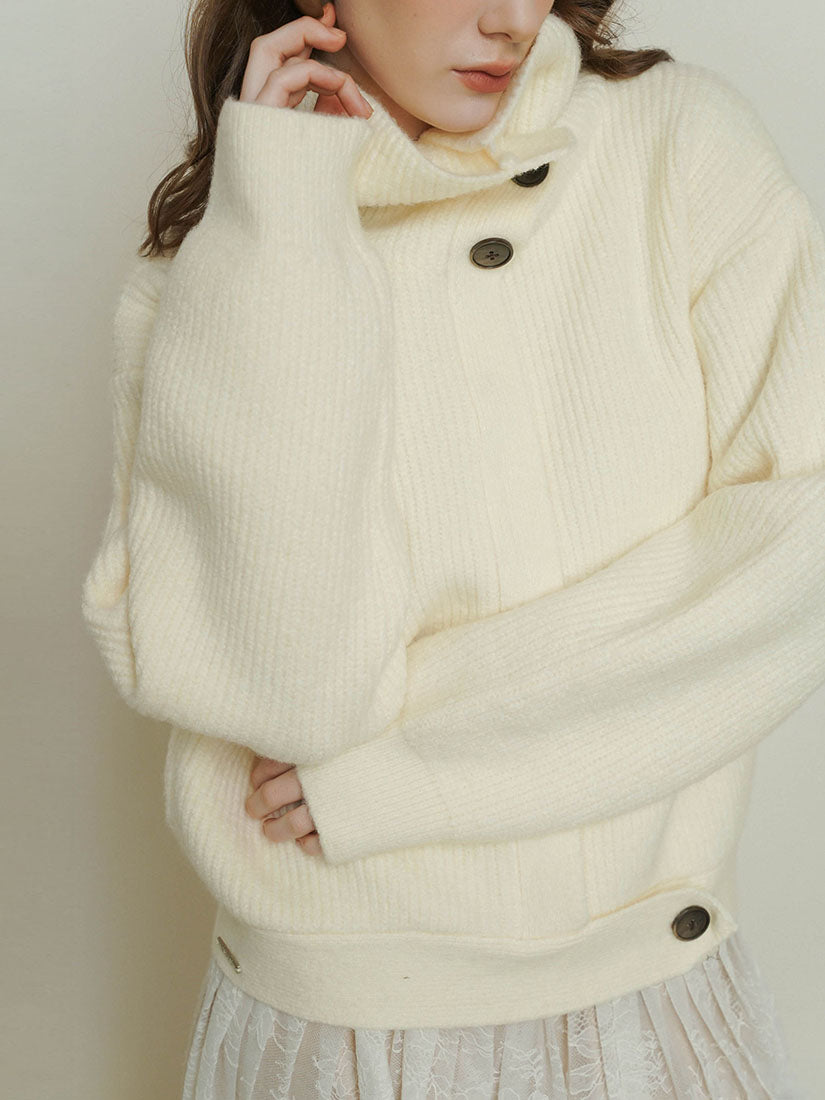 White Side-Button High Neck Knitwear