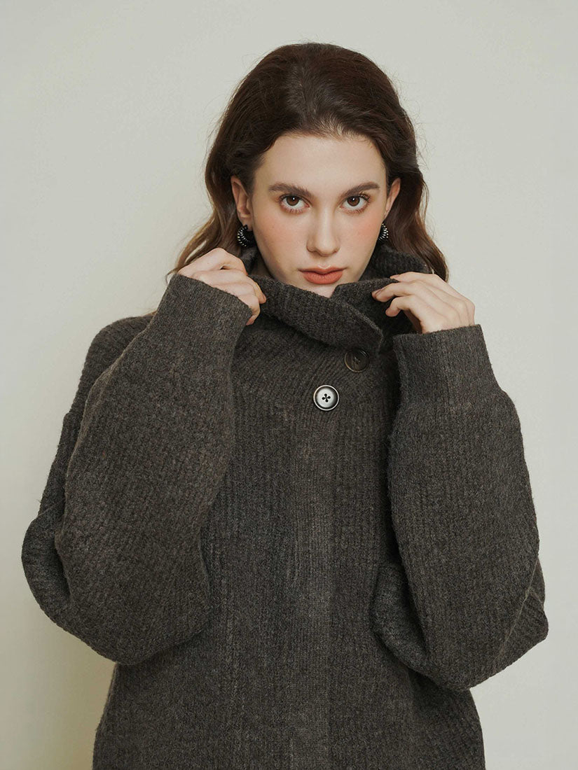 Grey Side-Button High Neck Knitwear