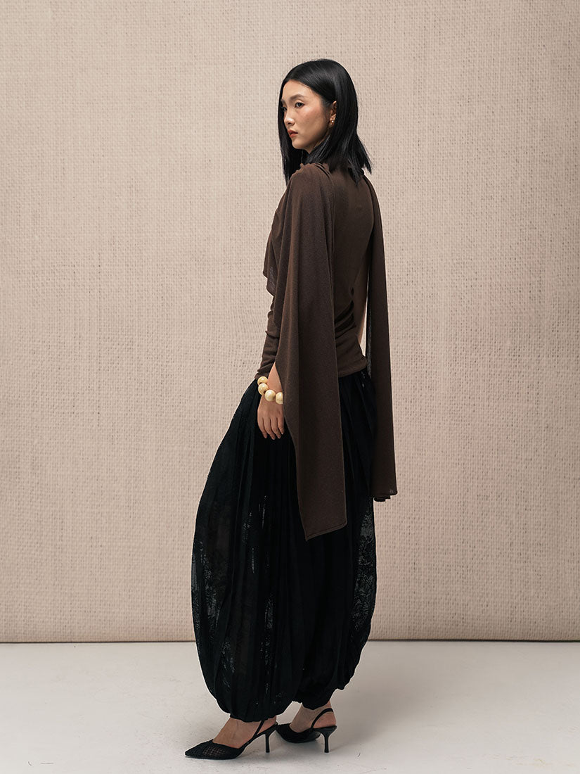 Brown Asymmetrical Scarf Top