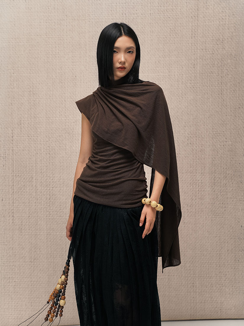 Brown Asymmetrical Scarf Top