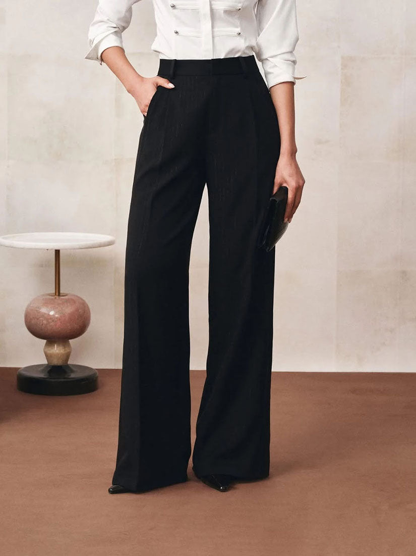 Wide-Leg Pants With Subtle Stripes & Trim