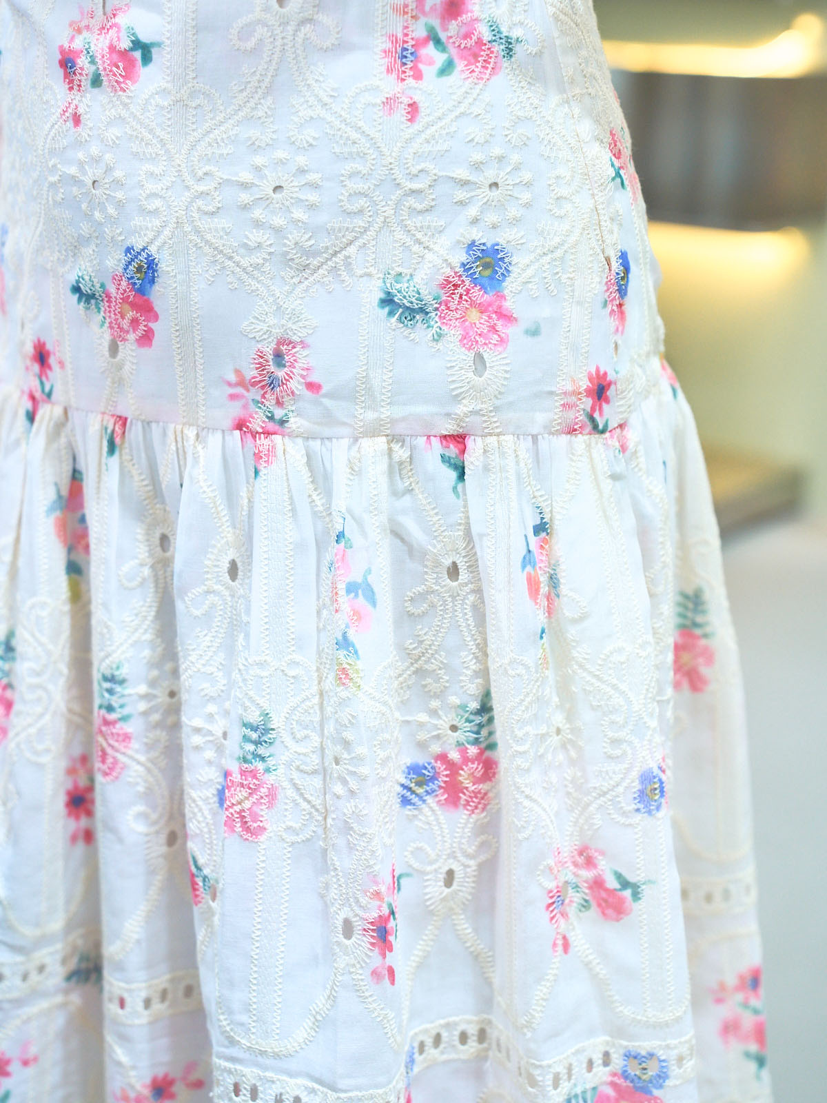 Floral Perforated Spaghetti Strap Dress - Beige