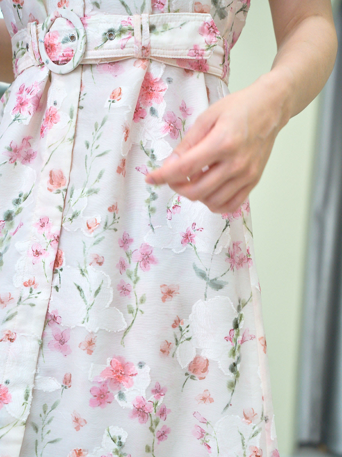 Belted Floral Jacquard Band Collar V Neck Midi Dress - Pink