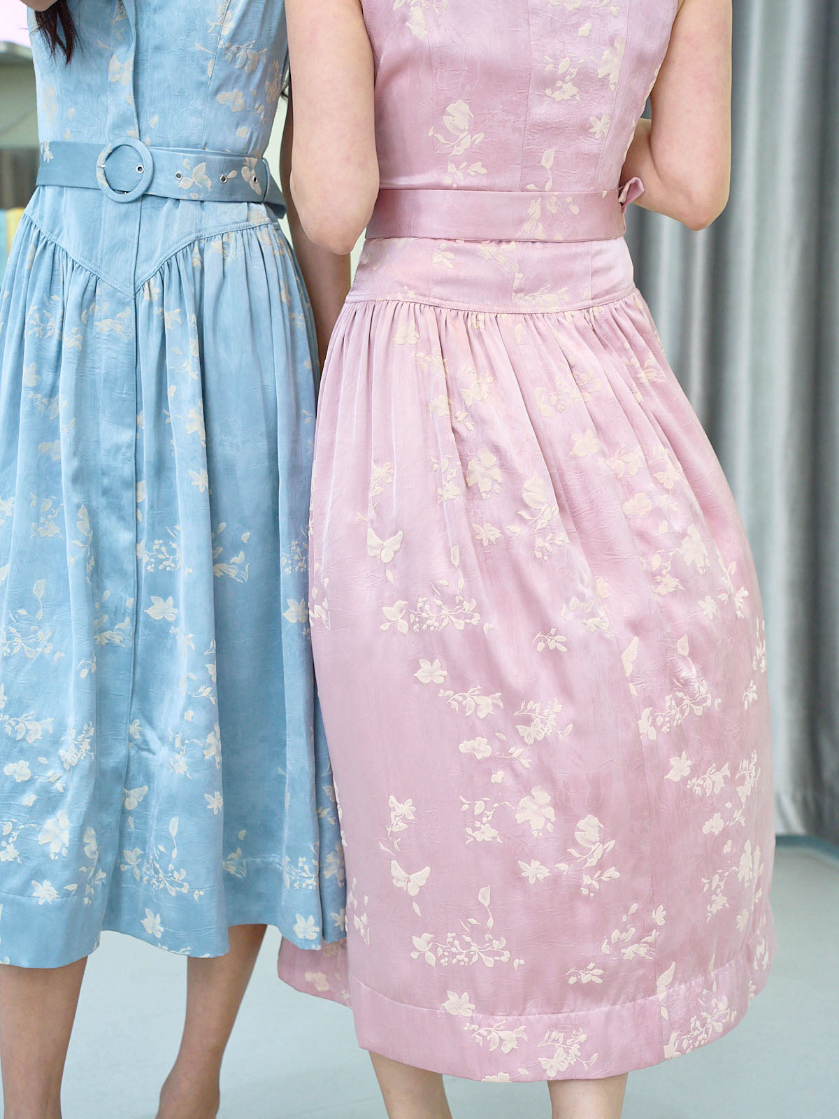 Belted Silky Floral Embossed Button Up Sleeveless Dress - Pink
