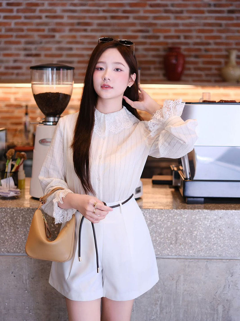 Lace Collar Pin-striped Shirt