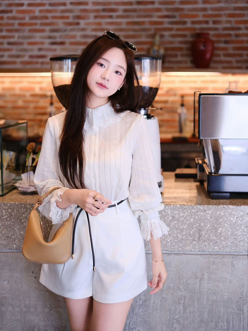 Lace Collar Pin-striped Shirt