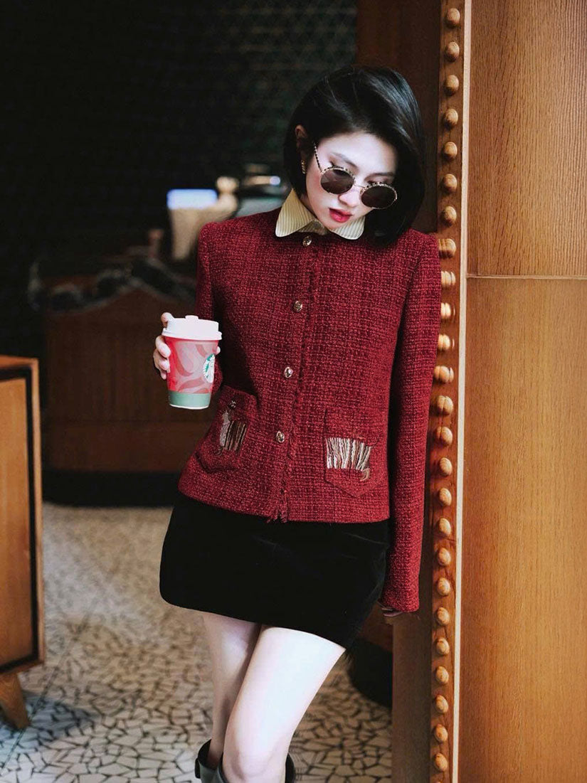 Dachshund Embroidered Tweed Jacket With Shirt Collar