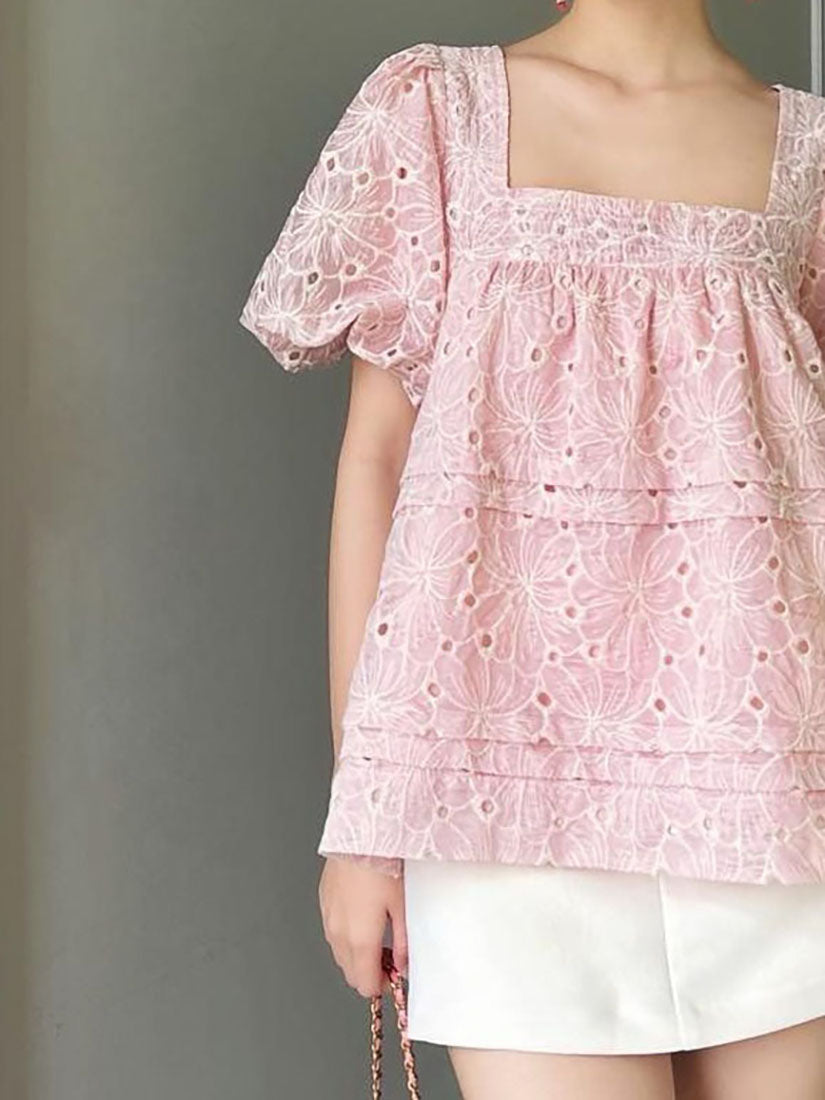 Pink Square Neck Puff Sleeve Embroidered Perforated Blouse