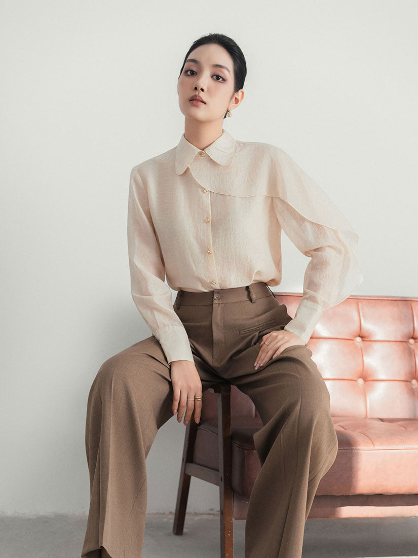 Silky Shirt With Mandarin Collar And Oversized Shoulders