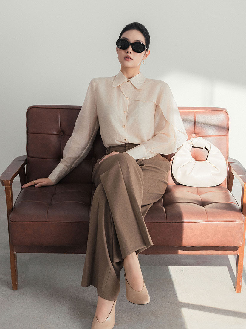 Silky Shirt With Mandarin Collar And Oversized Shoulders