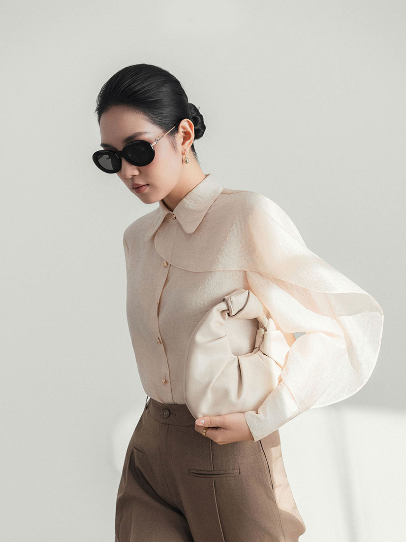 Silky Shirt With Mandarin Collar And Oversized Shoulders