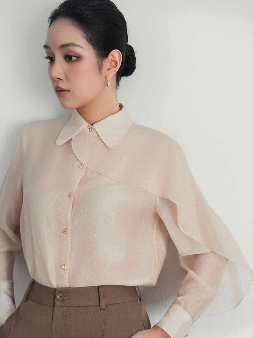 Silky Shirt With Mandarin Collar And Oversized Shoulders