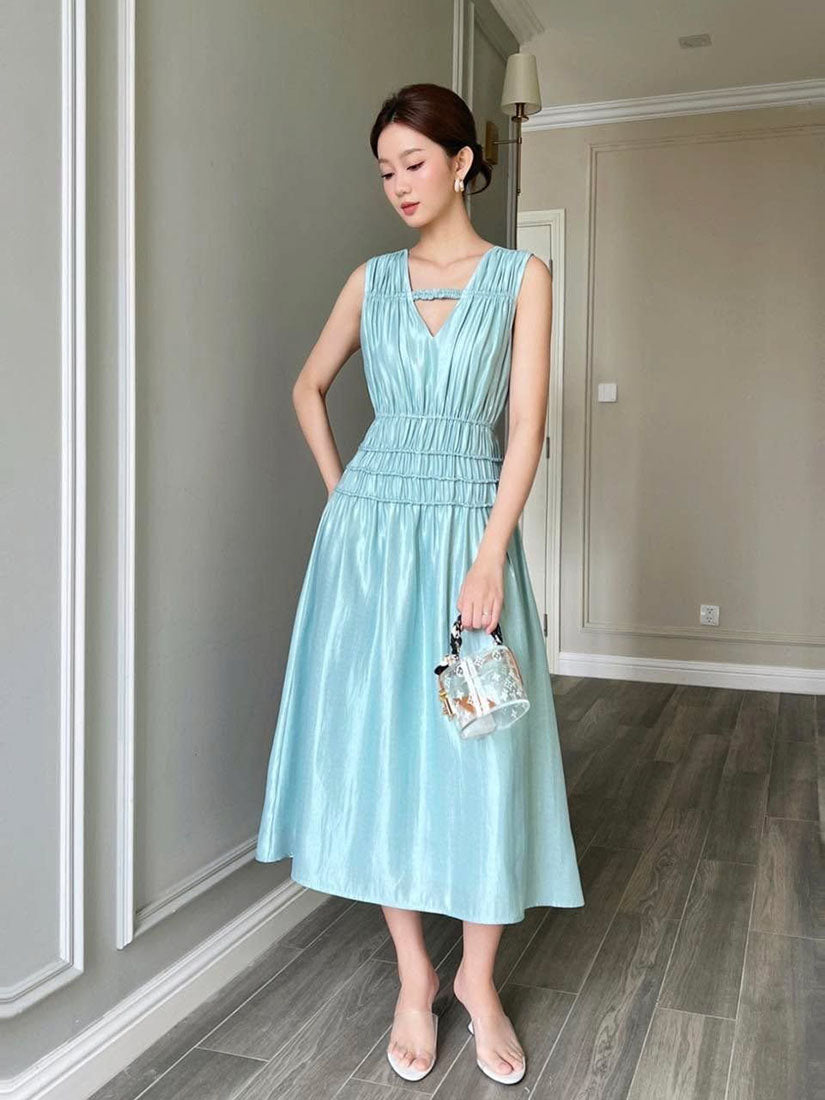 Turquoise Midi Dress With Stylized Pleats