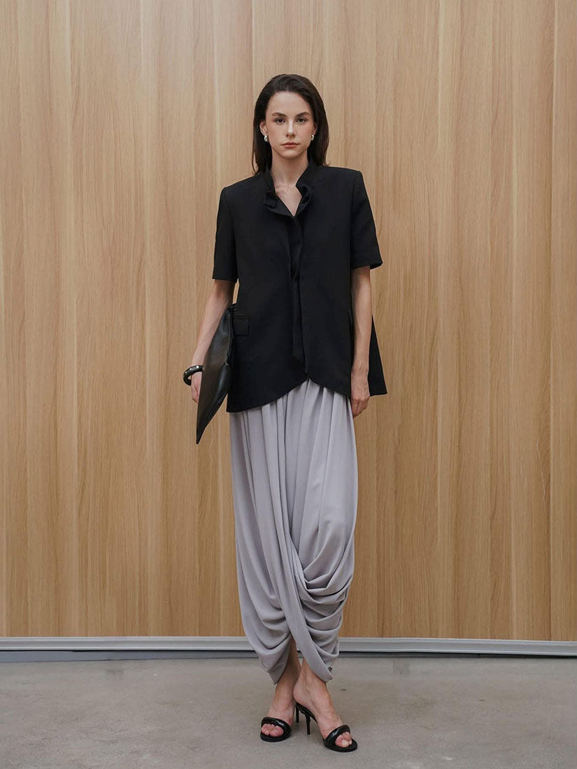 Grey Draped Midi Skirt