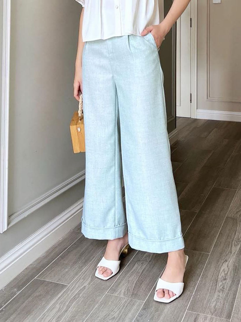 Turquoise Folded Hem Straight Pants