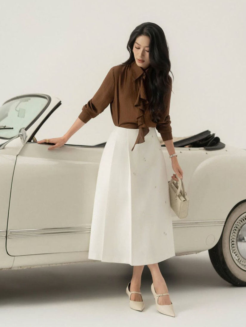 Gemstones Embellished Pleated Skirt - White