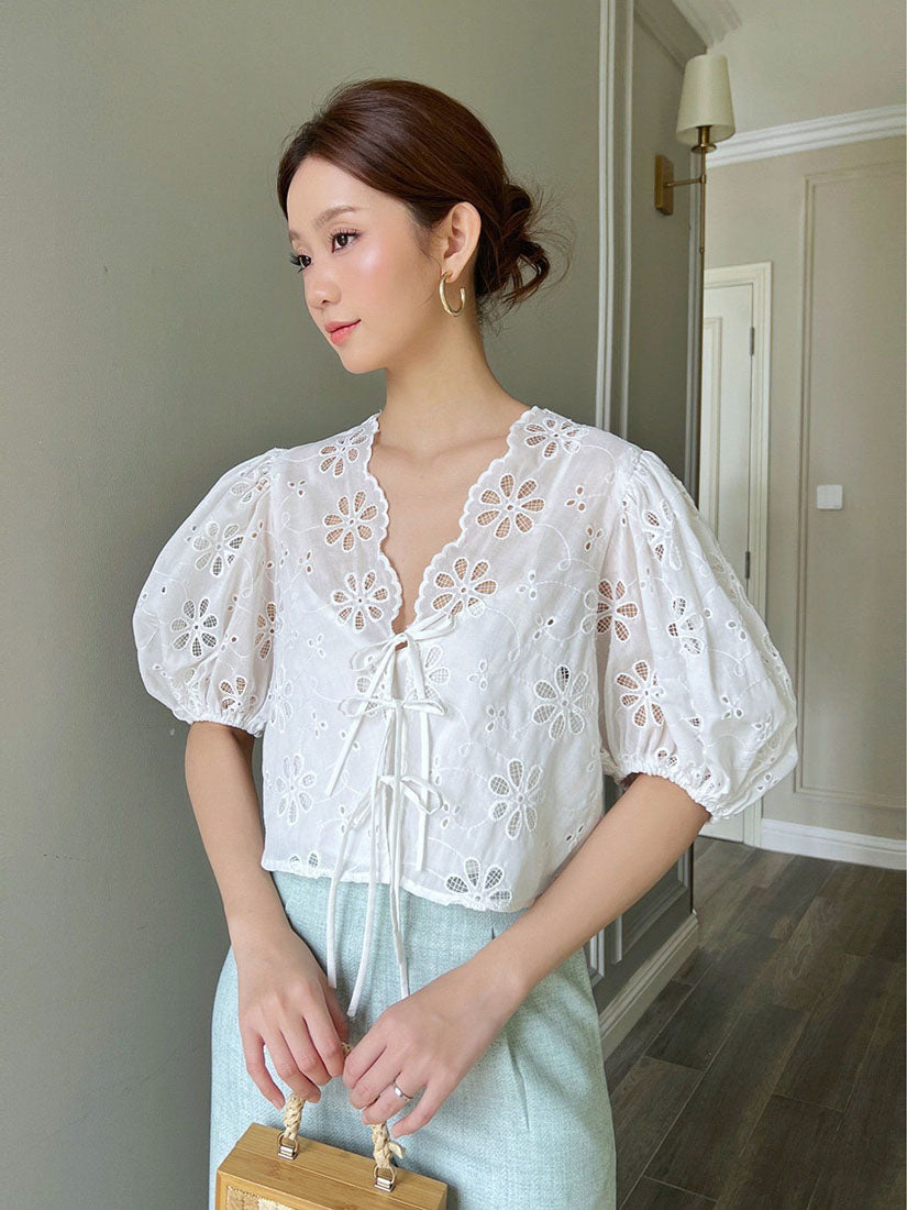 White Embroidered Puff Sleeve Crop Top