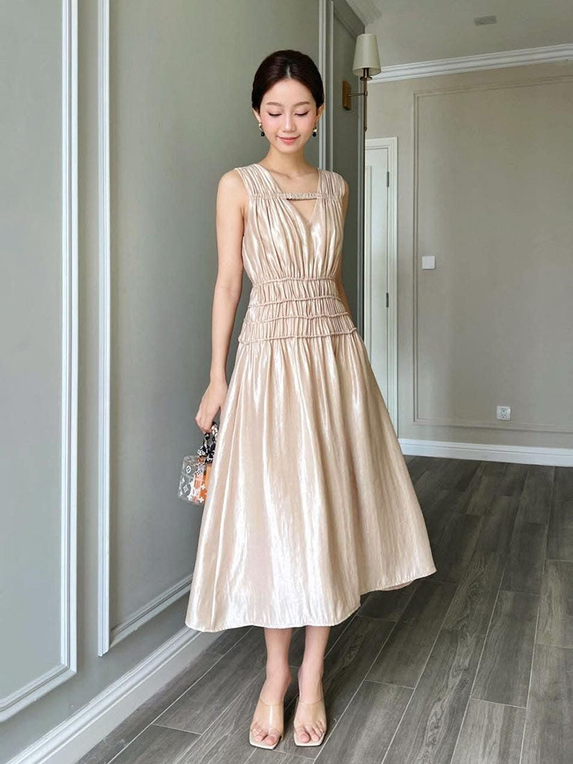 Beige Wrinkled Midi Sleeveless Dress