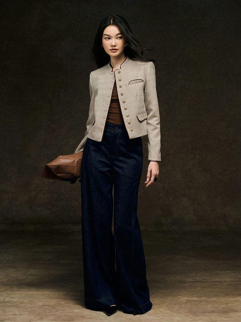 Brown Contrast Trim Mandarin Blazer