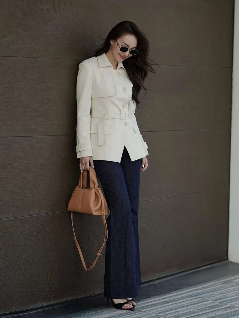 Cream Structured Cinched Waist Jacket