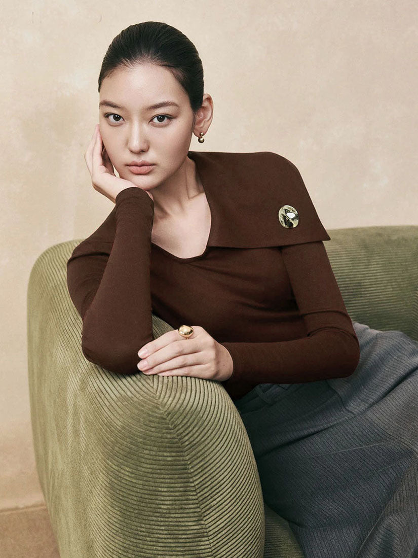 Brown Asymmetric Collar Button Top
