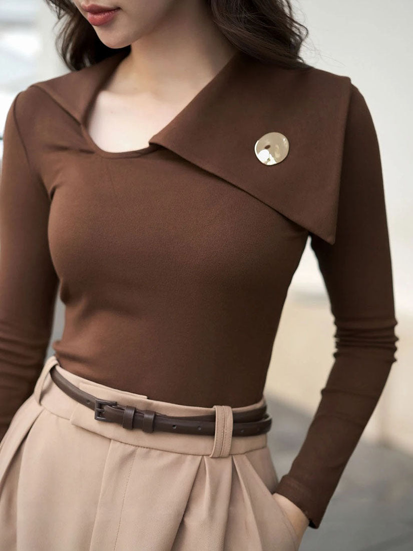 Brown Asymmetric Collar Button Top