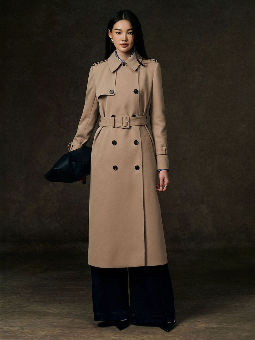 Beige Double Breasted Belted Trench Coat