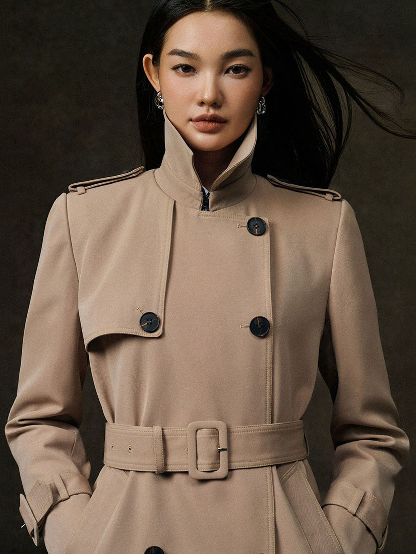 Beige Double Breasted Belted Trench Coat